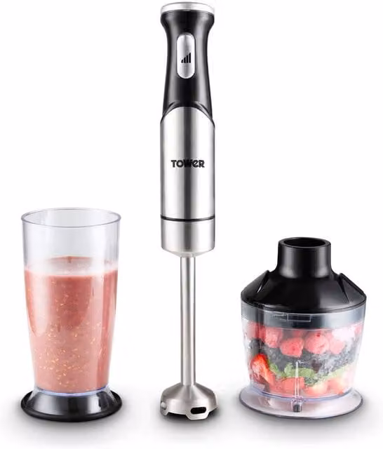 Tower 1200W 3-in-1 Hand Blender in Silver and Blue with Stainless Steel Parts