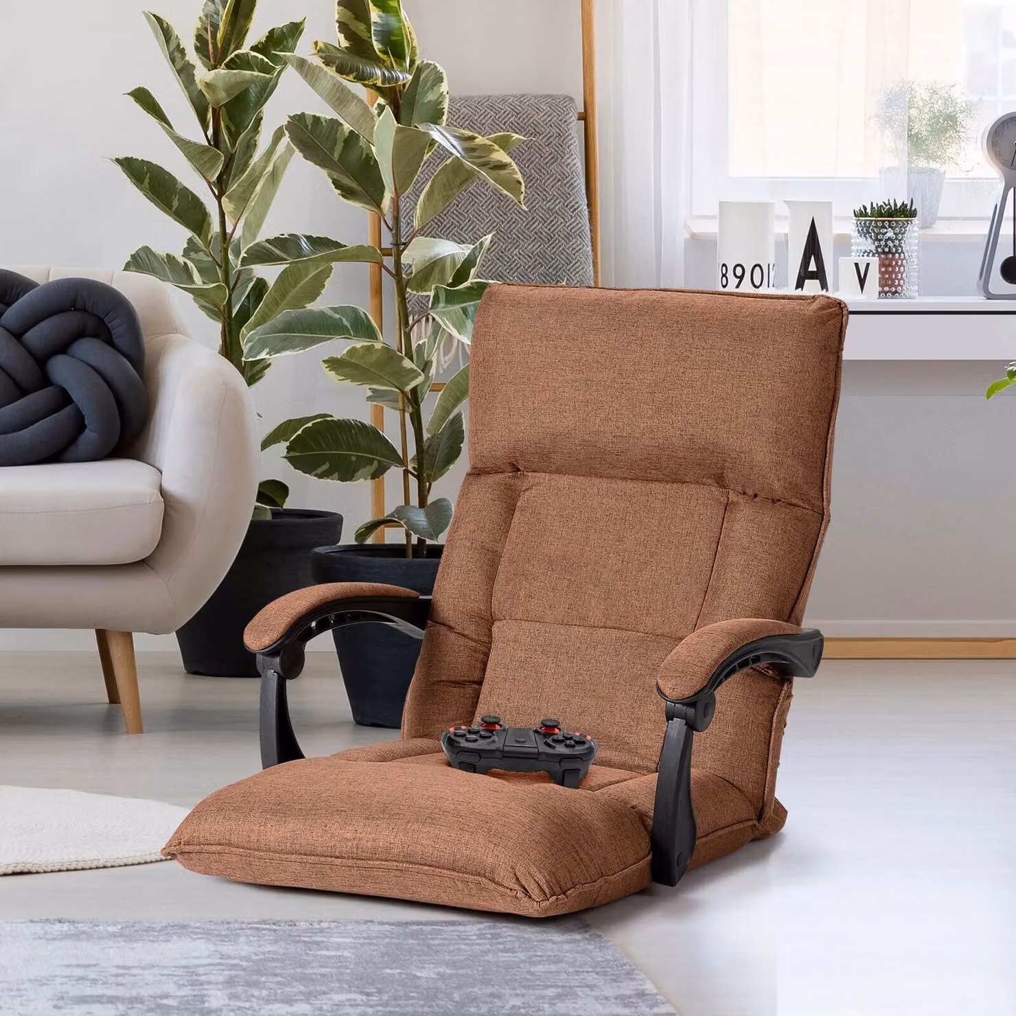 Costway Adjustable Dark Brown Fabric Gaming Floor Chair with Linkage Armrests and Headrest – 3
