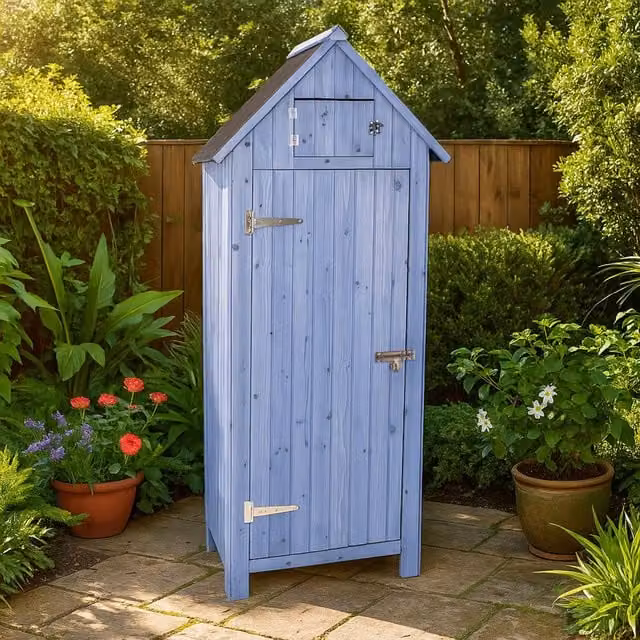 Jack Stonehouse Tall Slim Wooden Outdoor Garden Storage Shed with Shelving in Blue