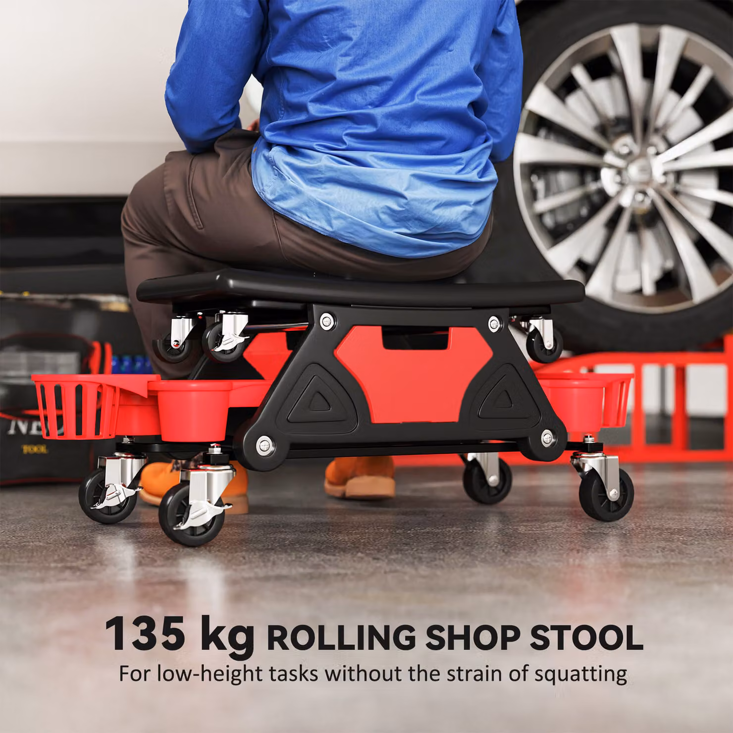 HOMCOM Red Rolling Mechanic Stool with 360 Degree Swivel Wheels and Tool Trays – 4