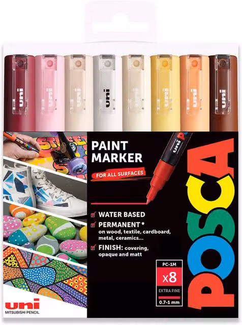 POSCA PC-1M Paint Marker Art Pen Set with 8 Warm Neutral Bullet Tip Pens, 0.7mm