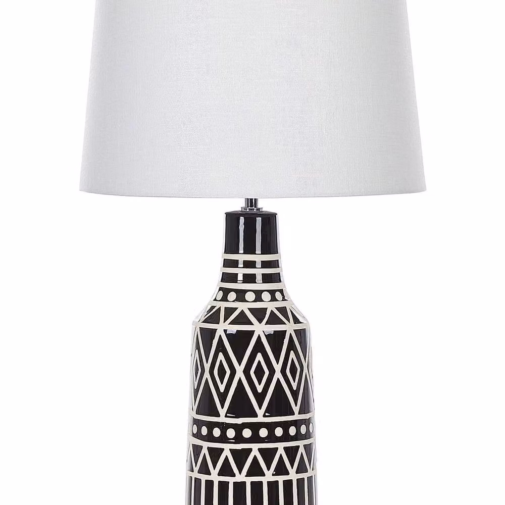 Wyld and Coco Ethnic Table Lamp with Black Ceramic Base and White Fabric Shade, Height: 68 cm – 2