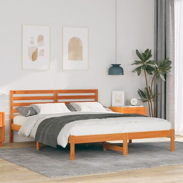 Berkfield Home Solid Pine Wood Bed with Headboard in Wax Brown, W/D/H: 150 x 200 cm