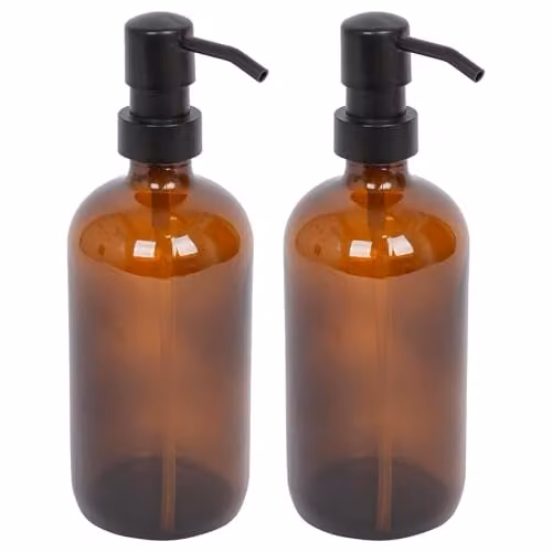 Harbour Housewares Amber Glass Soap Dispensers, Pack of 2, 500ml Refillable Bottles with Black Pumps