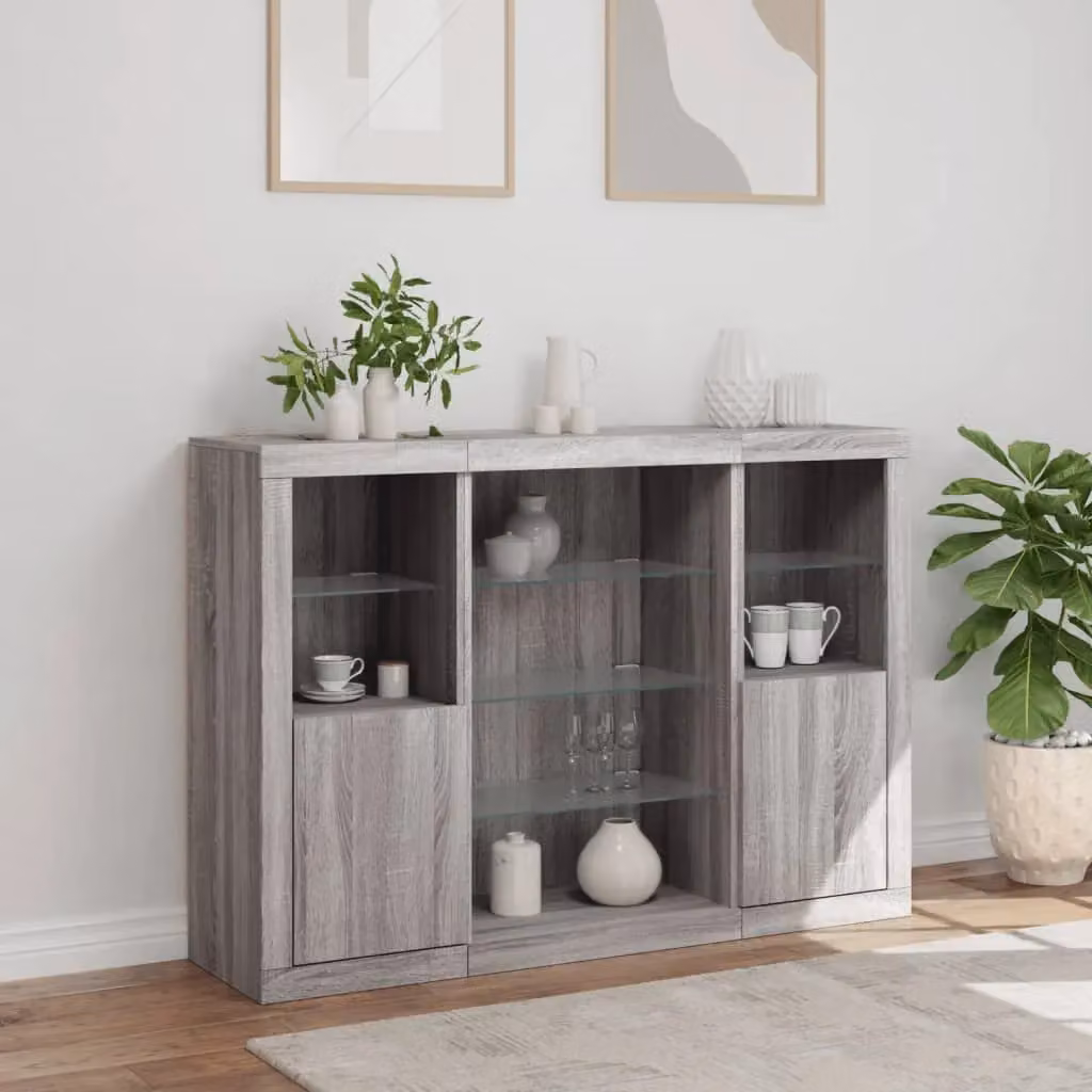 Berkfield Home Set of 3 Modern Grey Sonoma Sideboards with Integrated LED Lighting and Matt MDF Finish – 2