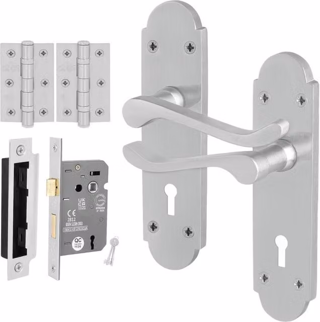 AFIT Satin Chrome Door Handle Lock Set with Silver Hinges and Matt Steel Backplates, Size: 150mm x 150mm