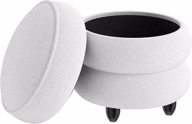 Costway Modern Round Chenille Storage Ottoman and Footstool with Removable Lid in White