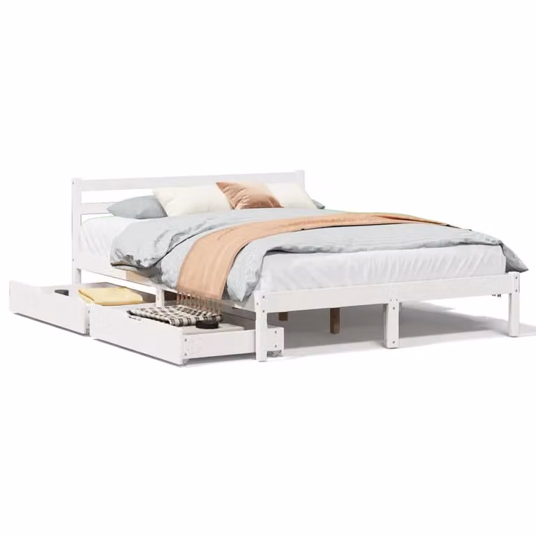 Berkfield Home Small Double Bed Frame in White Solid Pine Wood with Drawers, W/D/H: 120 x 200 cm