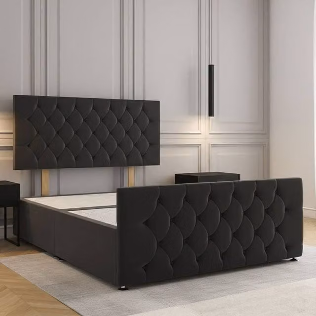 Regional Furnishings Super King Plush Velvet Divan Bed in Black with 24 inch Headboard and 20 inch Footboard