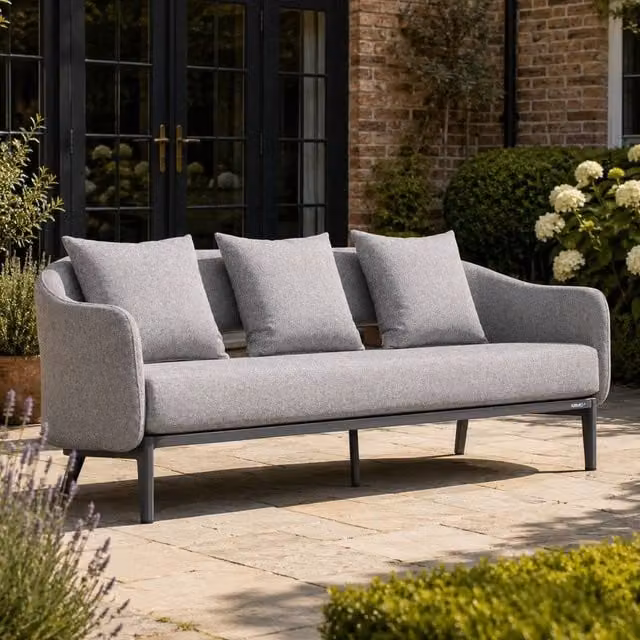 Mimo Powder Coated Aluminium Three-Seater Sofa in Grey with Scatter Cushions