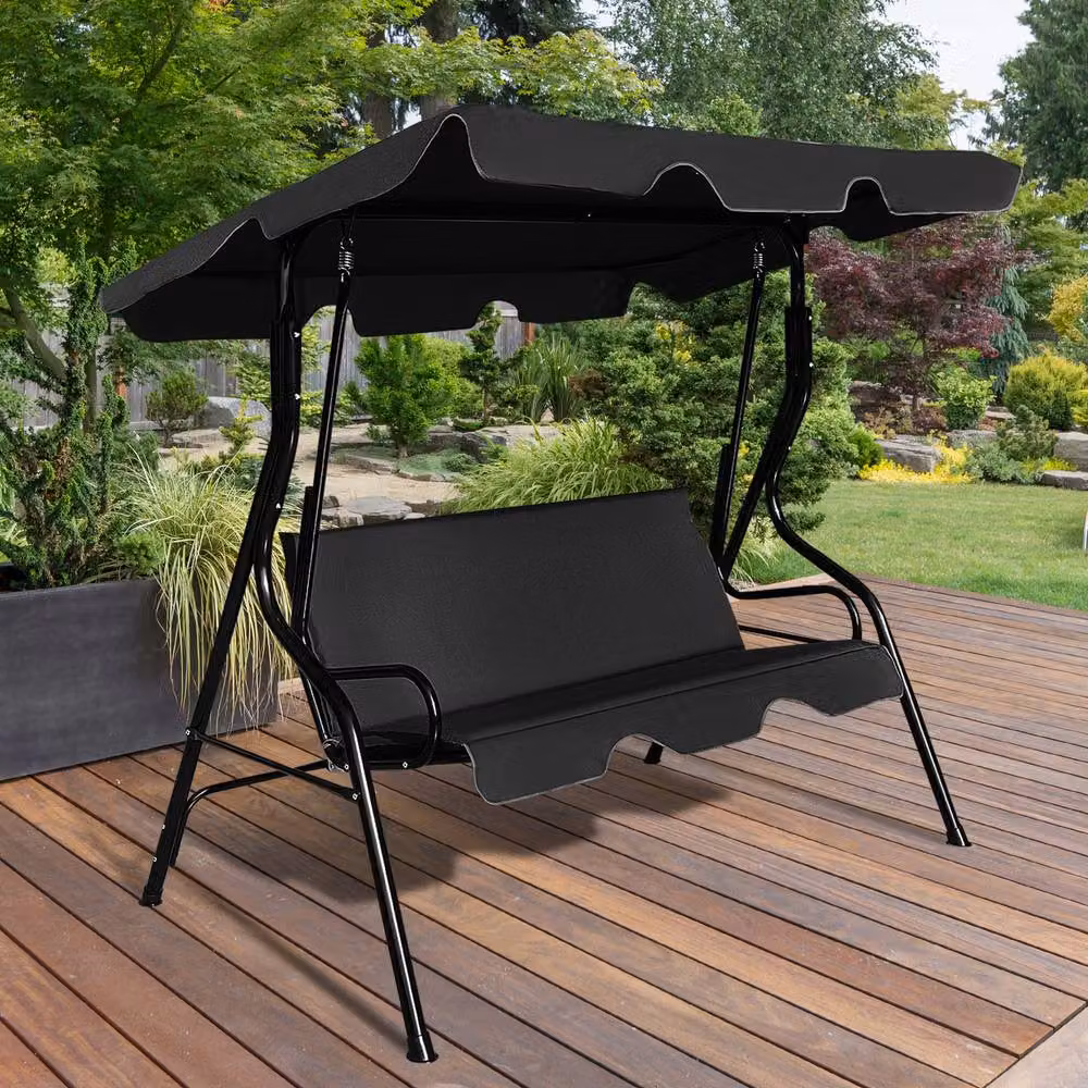 Costway 3 Seater Metal Garden Swing Chair with Sun Canopy and Cushions in Black – 6