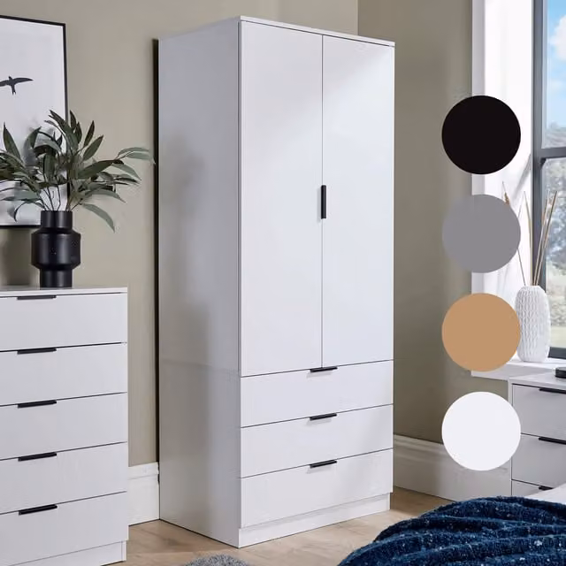 Home Source Phoenix White 2 Door 3 Drawer Wardrobe Storage Unit with Hanging Rod and Internal Shelves