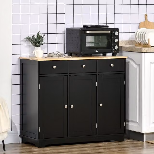 HOMCOM Black Rubberwood Buffet Cabinet and Sideboard with Storage Cabinets