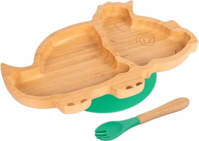 Tiny Dining Bamboo Dinosaur Baby Weaning Divided Plate and Fork Set in Green