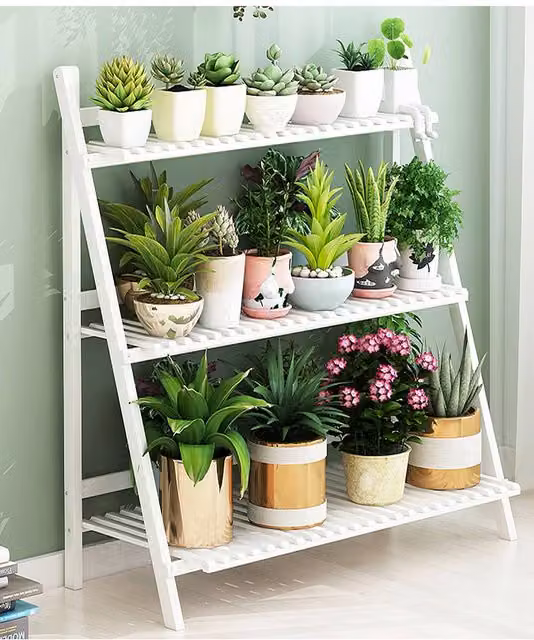 Living and Home 3-Tier Foldable Wooden Ladder Plant Stand in White