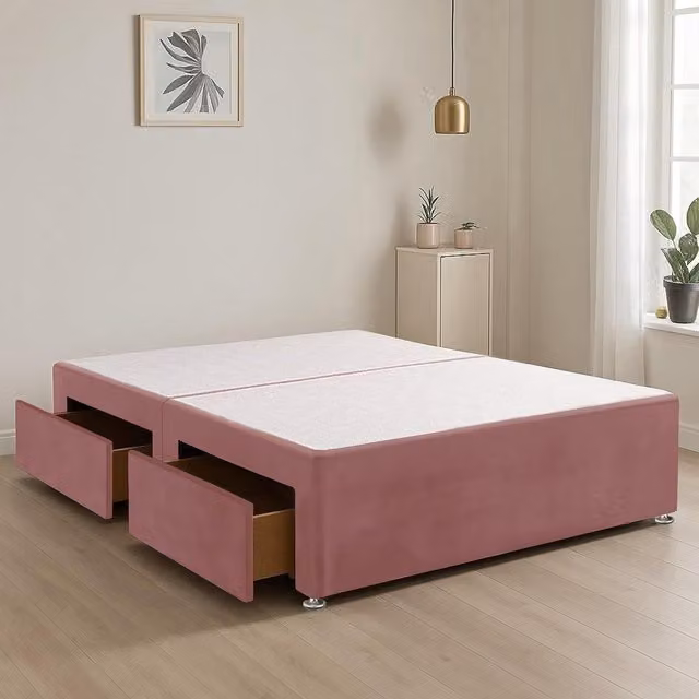 Bed Time UK Super King Plush Velvet Fabric Divan Bed Base with 2 Storage Drawers, Pink, W/D/H: 200 x 200 cm