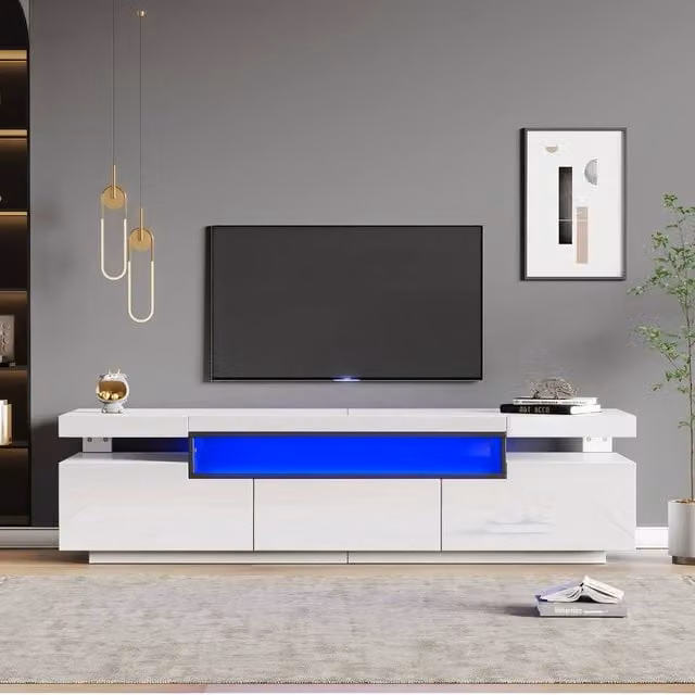 Matteo White High Gloss Modern TV Unit with LED Lights and Storage for up to 70-inch TVs, Width: 160 cm – 1
