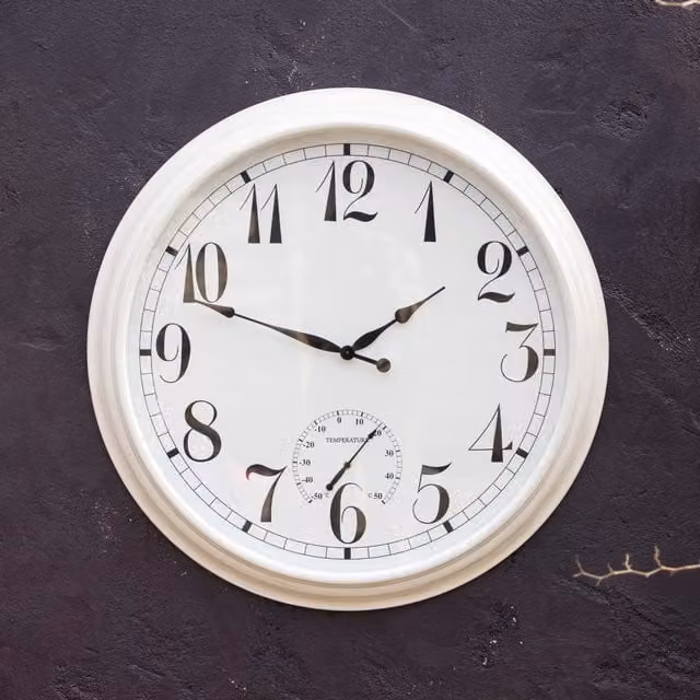 Primrose White Radio Controlled Round Metal Wall Clock and Garden Thermometer