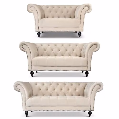 Bravich LTD 3 Piece Chesterfield Velvet Sofa Set in Cream and Beige – 1