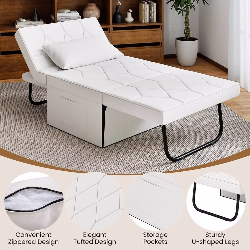 Gymax White Folding Sofa Bed Ottoman with Recliner and Metal Frame – 4