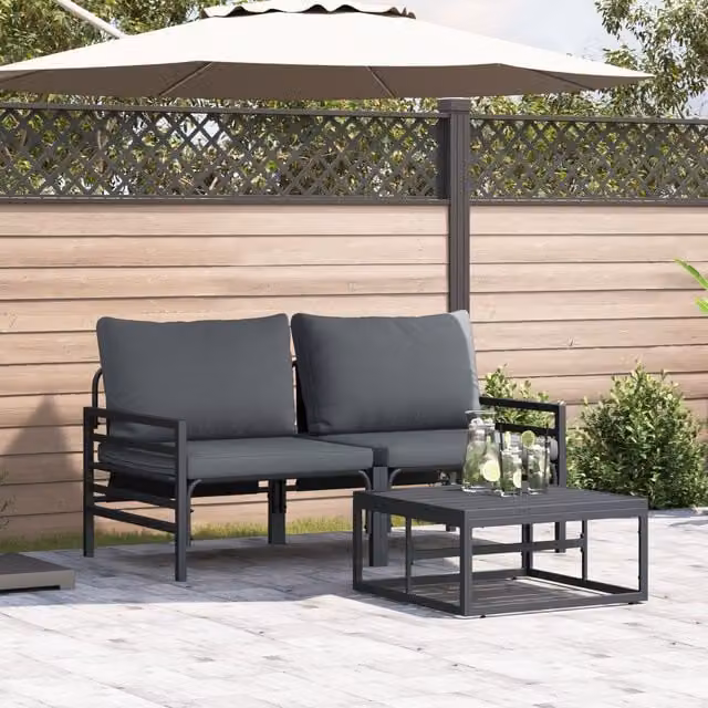 Berkfield Home 3 Piece Anthracite Garden Sofa Set with Powder Coated Steel Frame and Cushions