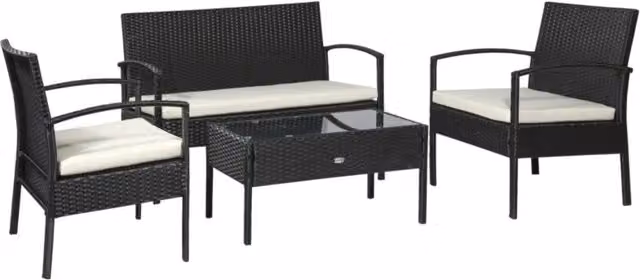 Chilli 4 Piece Black Rattan Garden Furniture Set with Glass Top and Metal Frame