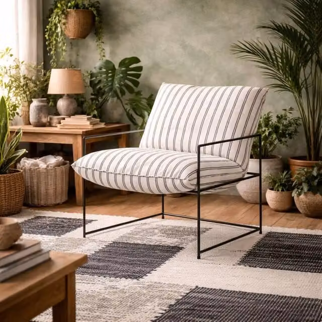 Wyld Haus Drogheda Stripe White Fabric Accent Chair with Matt Black Metal Frame – 1