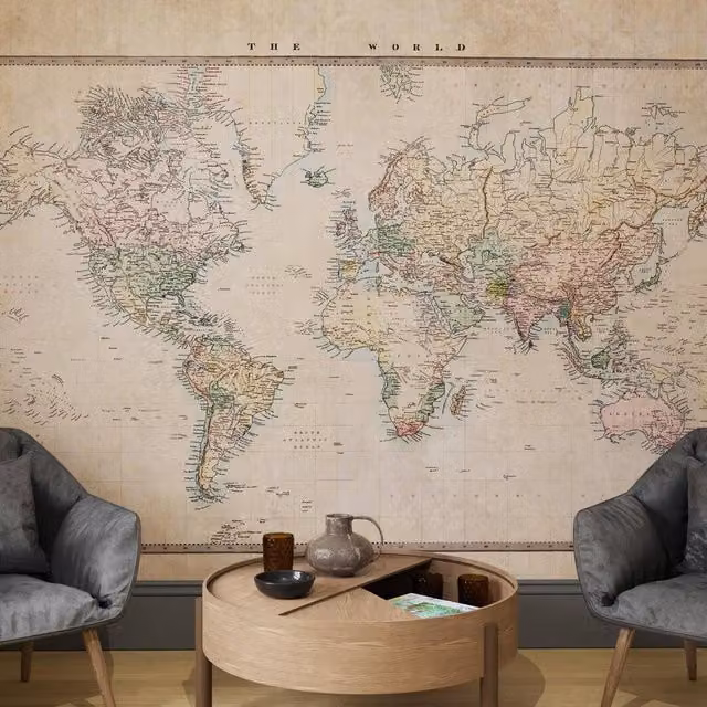 Superfresco Easy The Archivist Map Natural Print Mural in Beige, W: 300 cm, H: 280 cm