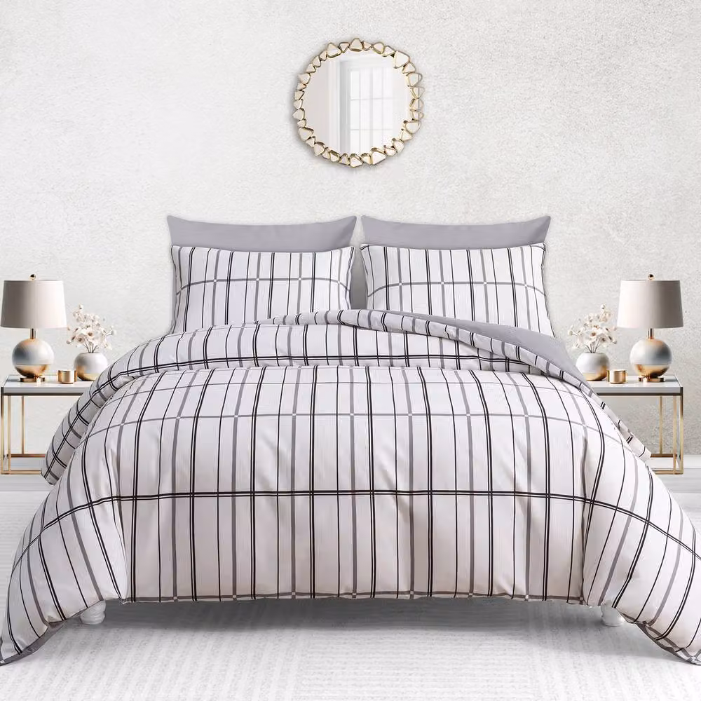 Pamposh Reversible Checked Microfibre Duvet Cover and Pillowcase Set in White – 2