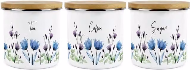 Purely Home Blooming Lovely Flowers Tea, Coffee and Sugar Large Kitchen Canister Set of 3 in Blue and White Floral Enamel Ceramic