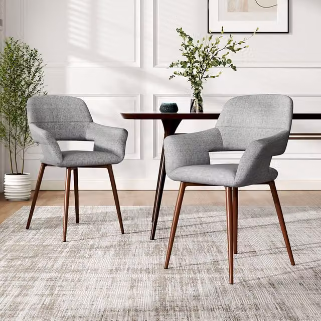 Komore Set of 2 Modern Grey Linen and Walnut Wood Dining Chairs