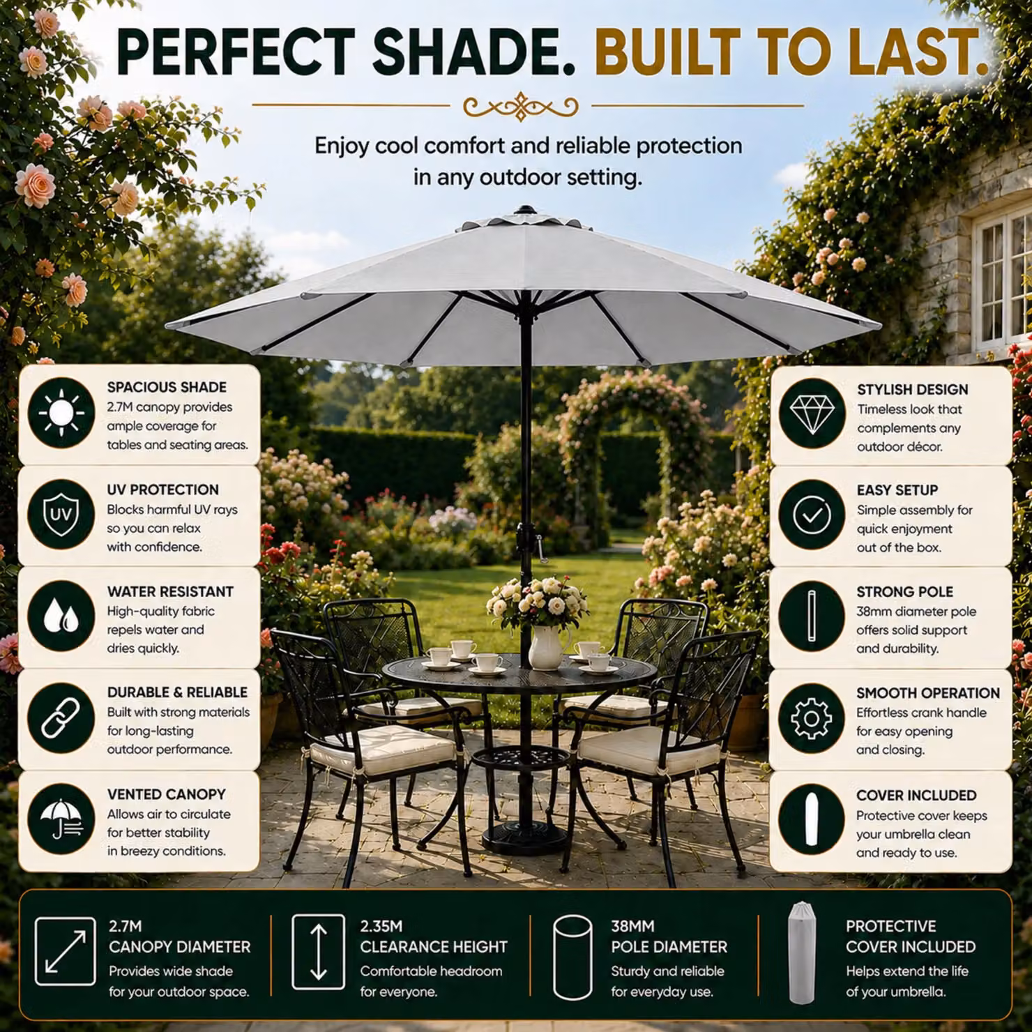 Glamhaus Grey Garden Parasol with Crank Handle and UPF 50+ Protection, Diameter: 270 cm – 7