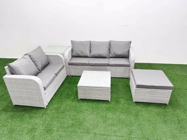 Fimous 6 Seater Grey PE Rattan Wicker Garden Furniture Set with L-Shape Sofa, Coffee Table, Ottoman and Side Table