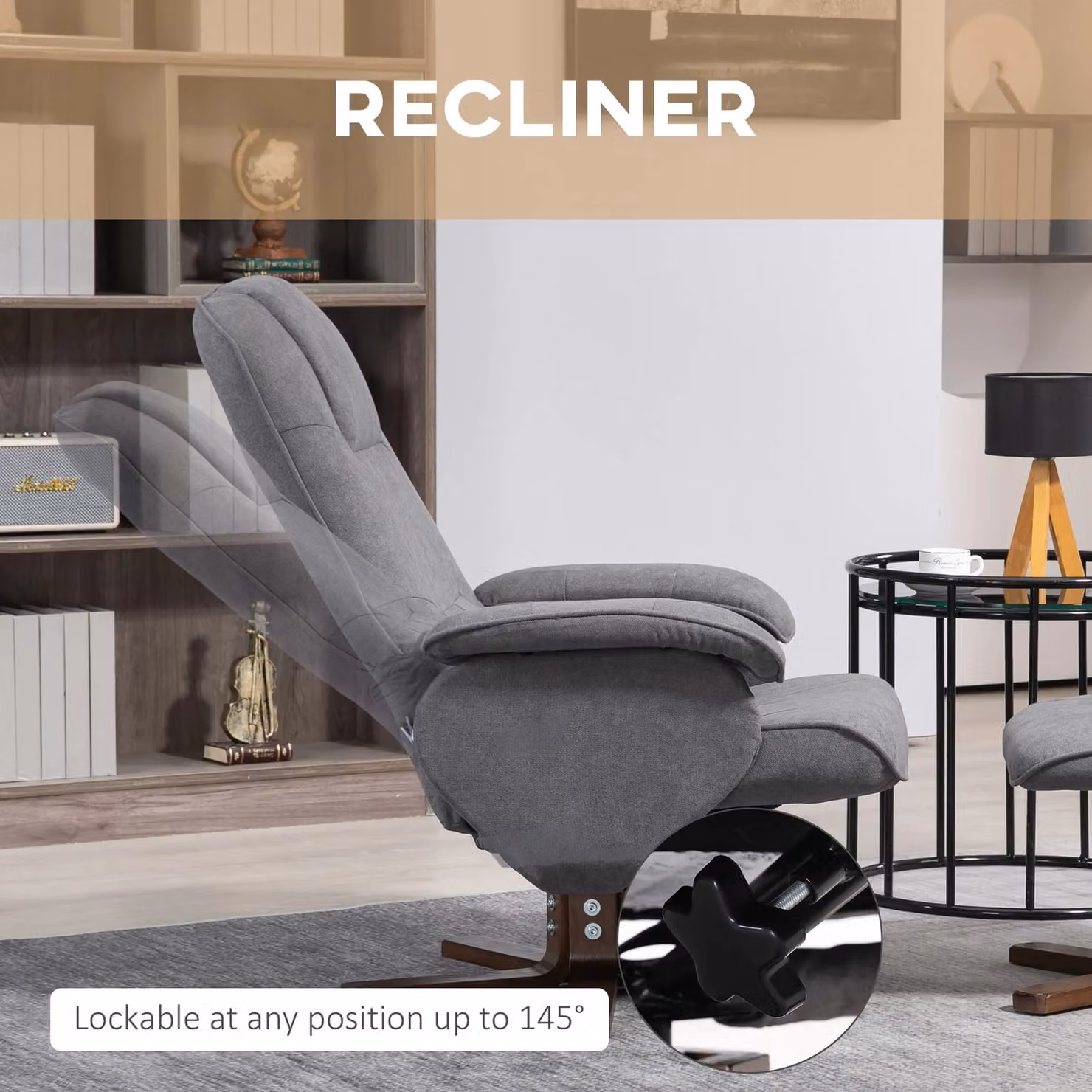 HOMCOM Grey Fabric Swivel Recliner Chair with Ottoman and Solid Wood Base – 4