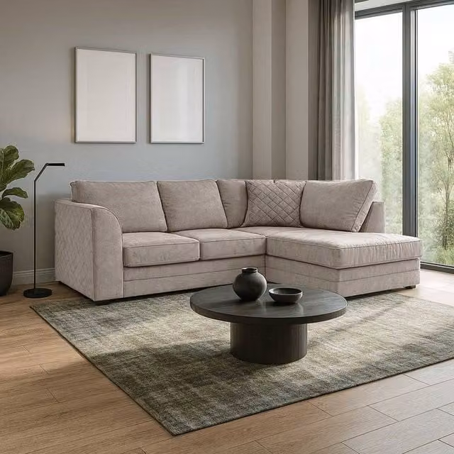 Furnishings For Less UK Quilted Chenille Fabric 3 to 4 Seater L Shaped Corner Sofa, Right Hand Facing, Beige