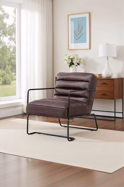 H&O Direct Mid-Century Modern Brown PU Leather Armchair with Metal Frame – 1