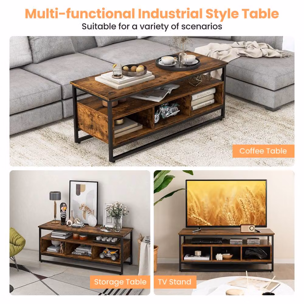 Gymax Industrial Coffee Table and TV Stand with 3 Cubbies, Brown Wood and Metal Frame – 9