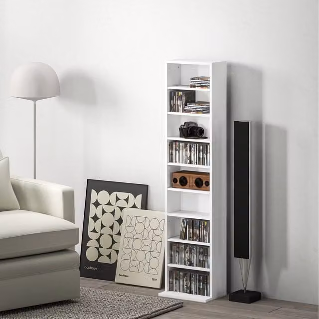 HOMCOM White Modern CD Storage Unit with Adjustable Shelves and Media Compartments for Home or Office