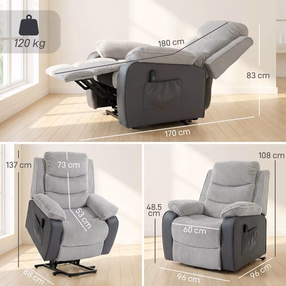 HOMCOM Power Lift Riser Recliner Chair with High Back and Remote Control, Light Grey – 3