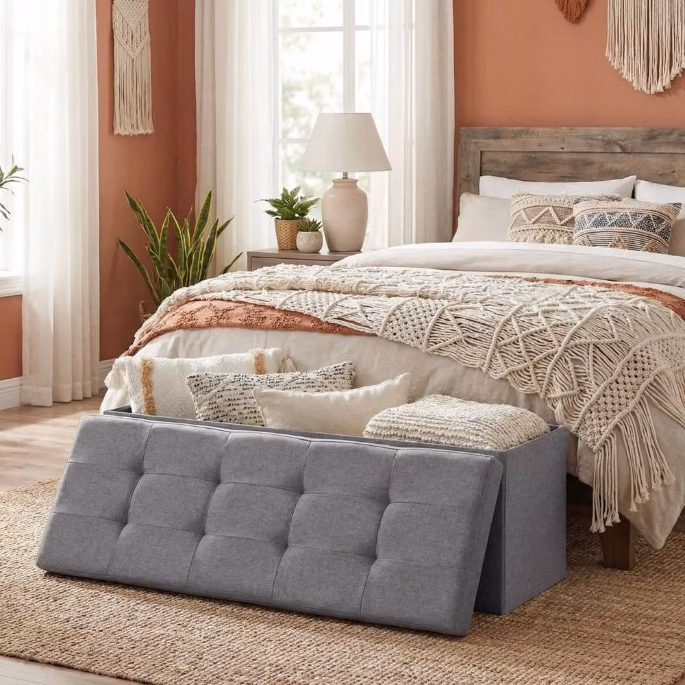 KORVIXA Grey Fabric Upholstered Storage Ottoman Bench, W/D/H: 110 x 38 x 38 cm – 3