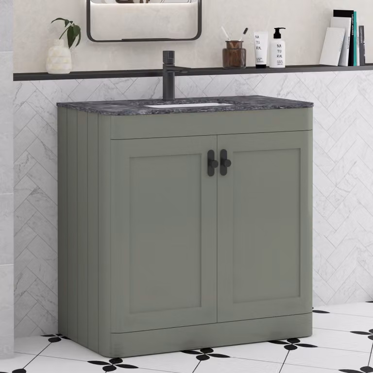 Royal Bathrooms Henley 800mm Sage Green Floor Standing 2 Door Bathroom Vanity Unit with Black Star Stone Top and Matt Black Knobs