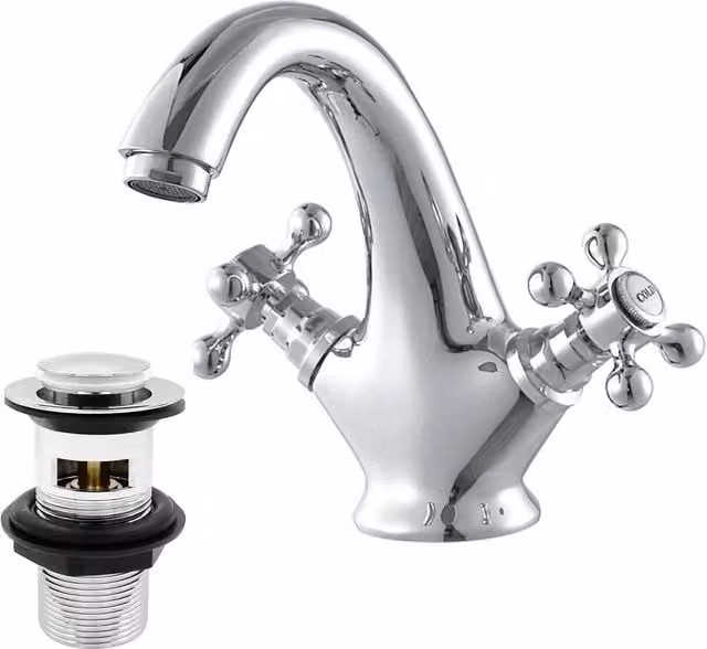 BATHWEST Chrome Basin Mixer Tap with Pop-Up Waste and Two Handles in Silver – 1