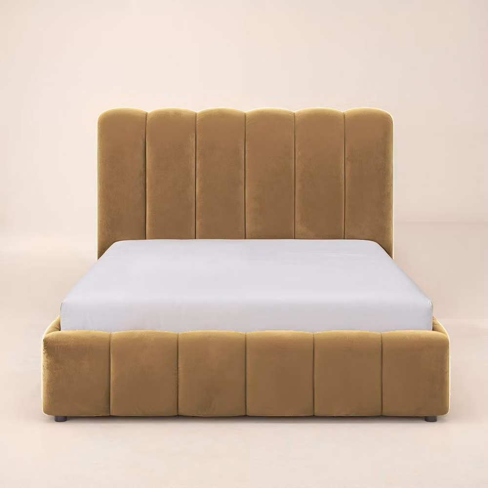Solace+Co Emilie Ribbed Single Ottoman Bed in Brown Velvet and Bouclé, W/D/H: 90 x 200 x 113 cm – 4