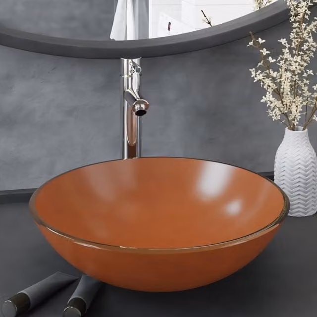Berkfield Home Round Brown Tempered Glass Countertop Bathroom Sink with Tap and Push Drain