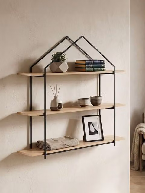 Orsina House Shaped 3 Tier Shelf Unit in Natural Wood and Black Metal, W/D/H: 71 x 45 x 14 cm – 1