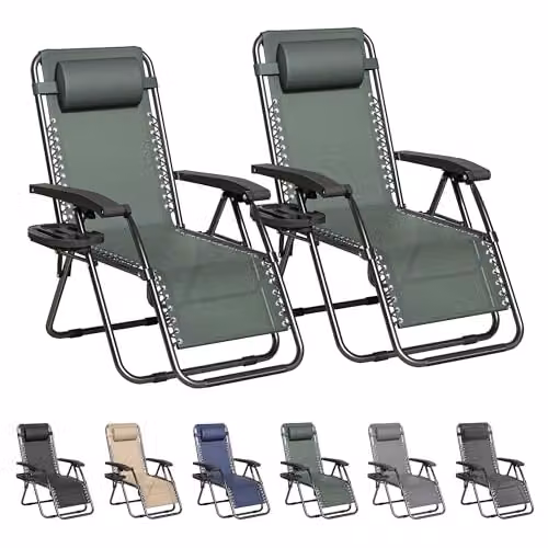 MCC Direct Set of 2 Zero Gravity Reclining Sun Loungers with Green Textilene Fabric and Black Powder Coated Steel Frame