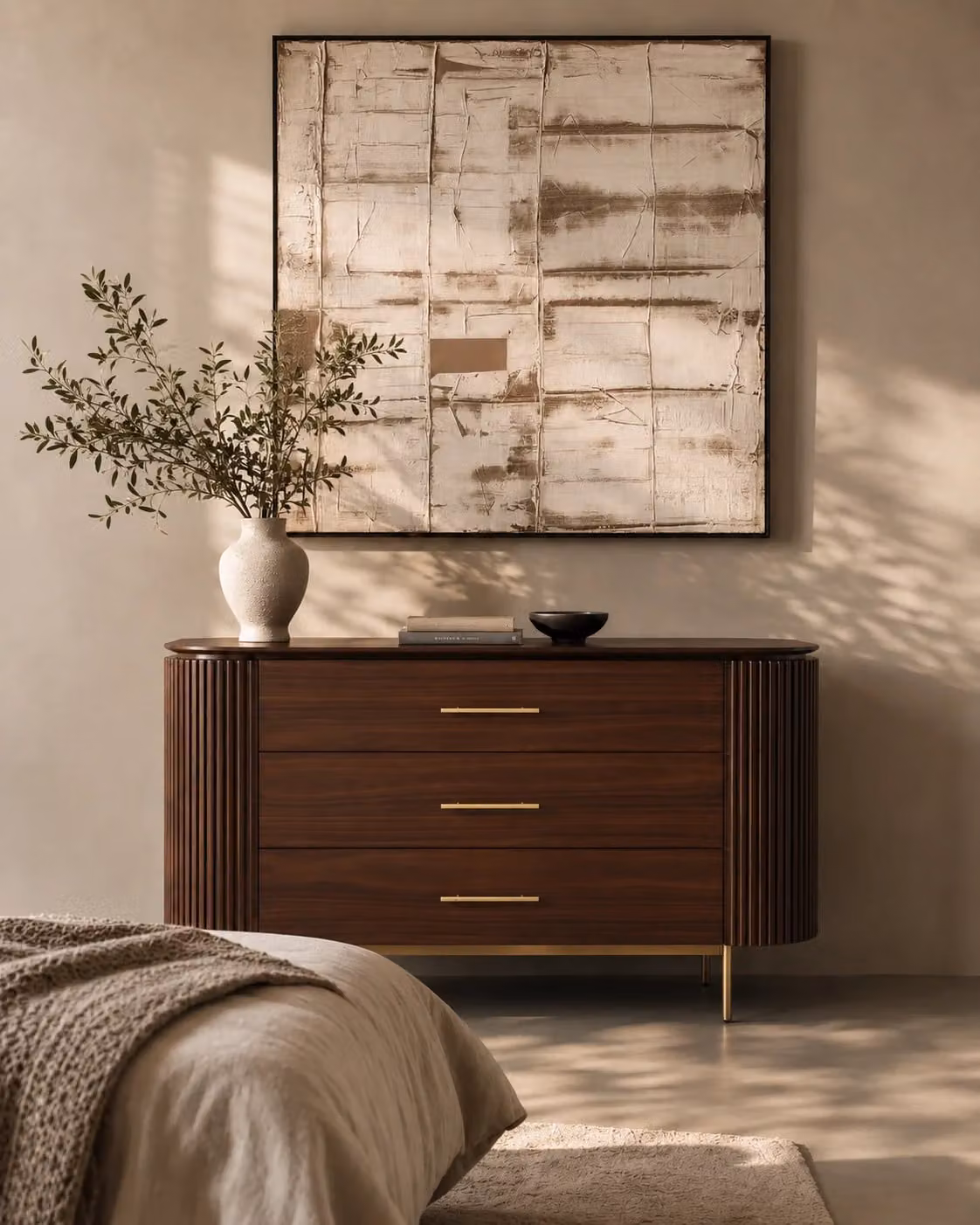 Tommy Franks Modern Walnut 3 Drawer Dresser with Soft Close Drawers and Gold Accents
