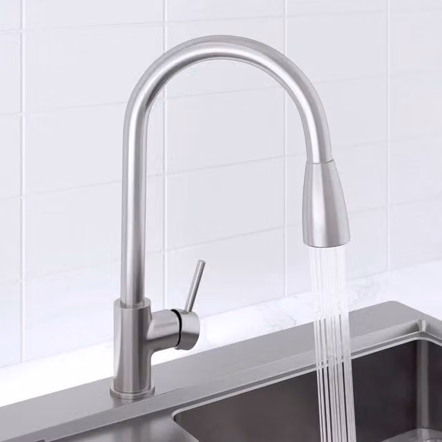KORVIXA Silver Brushed Steel Kitchen Mono Mixer Tap with Pull Out Spout and Spray Function, H: 100 cm, W: 52 cm