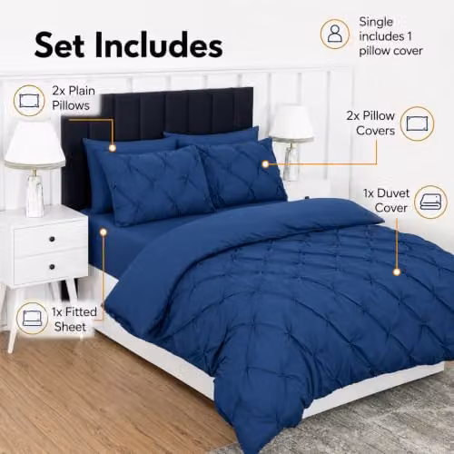 MHG Living 5 Piece Navy Blue Pintuck Microfibre Single Duvet Cover Set with Fitted Sheet and Pillowcases, W/D/H: 135 x 200 cm – 2