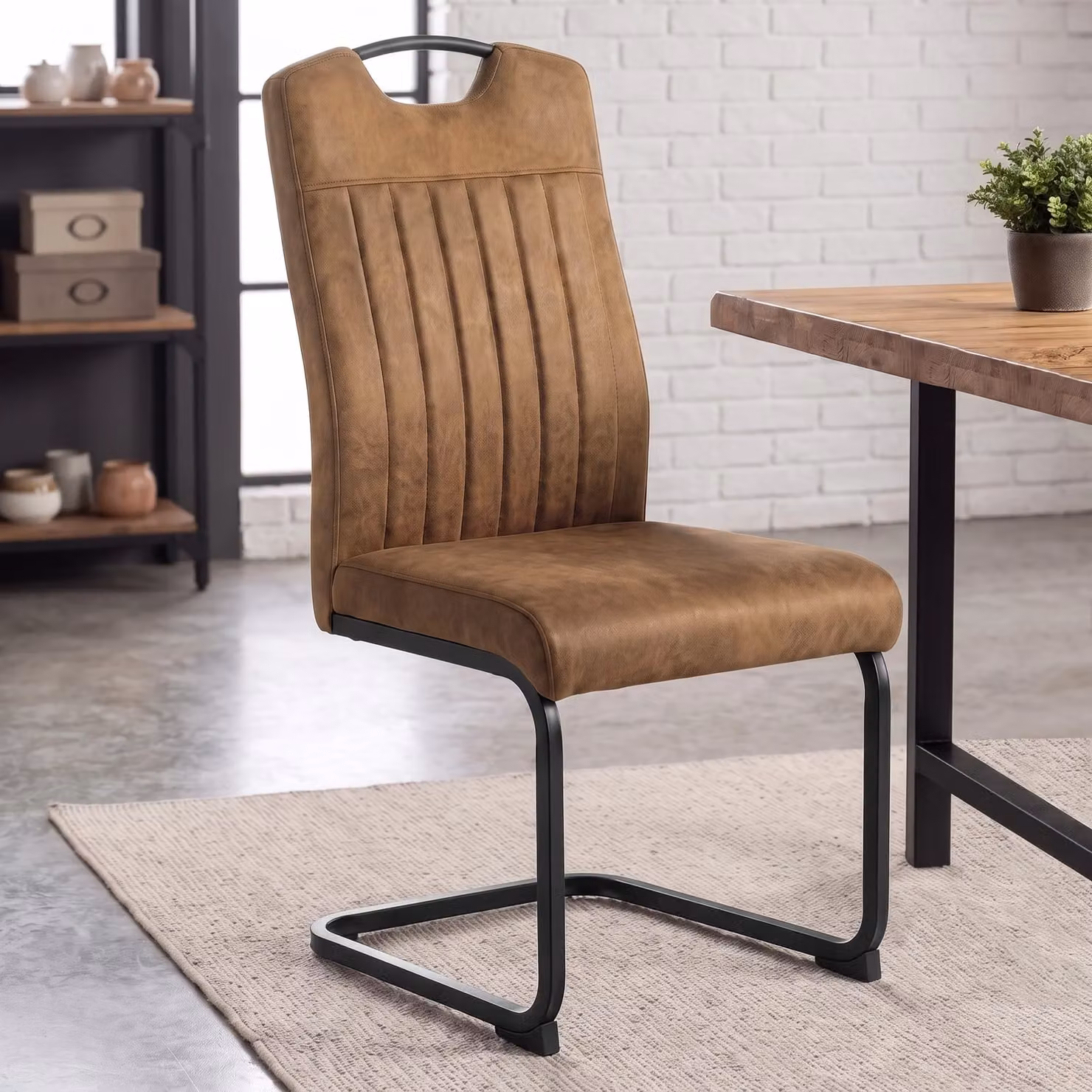 DHS Set of 4 Industrial Metal Dining Chairs in Brown and Black Synthetic Leather